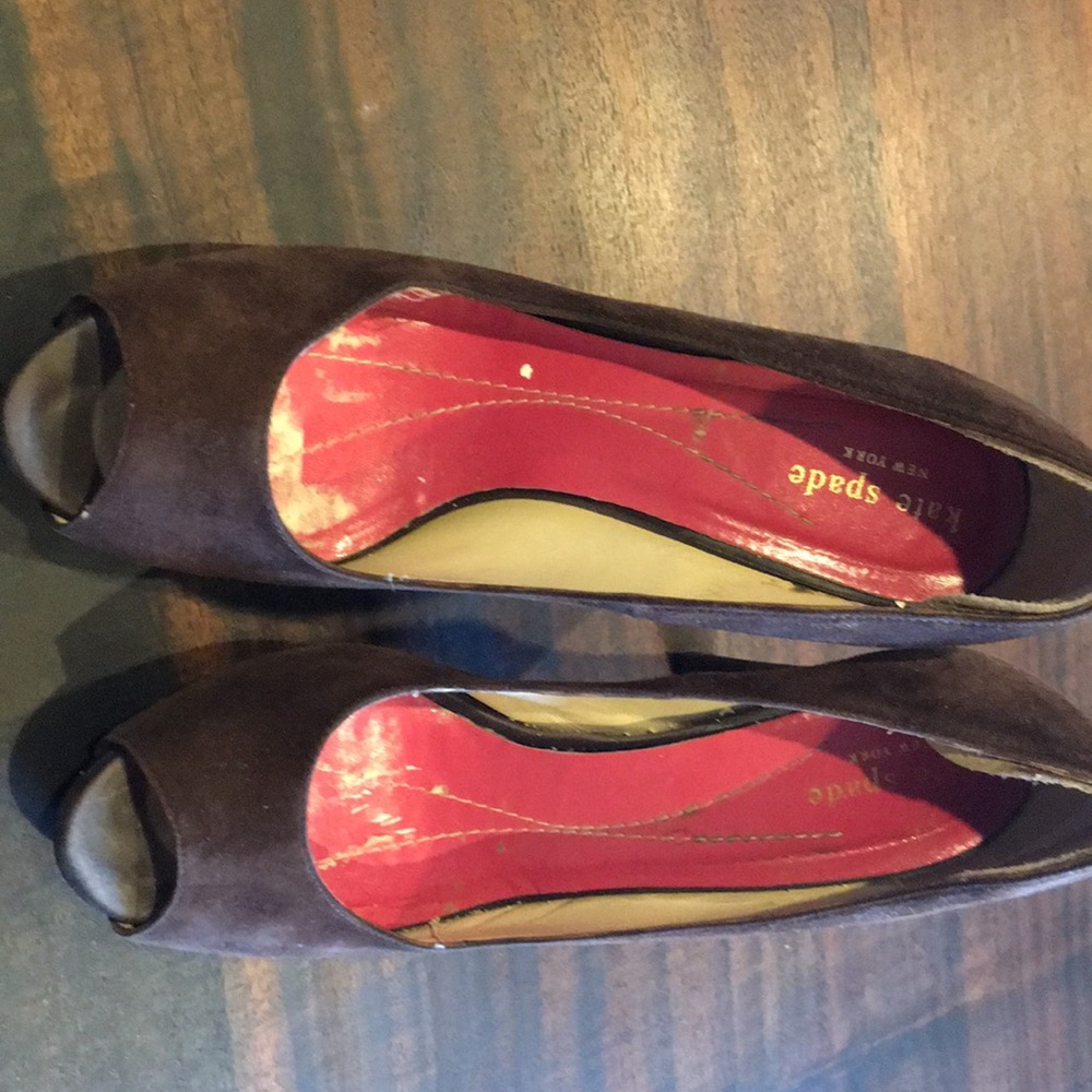 Dark brown suede Kate Spade peep toe platform pump